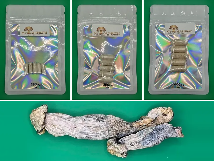 Microdose capsules in 150 mg, 350 mg and 600 mg, with dried Albino Bluey Vuitton below